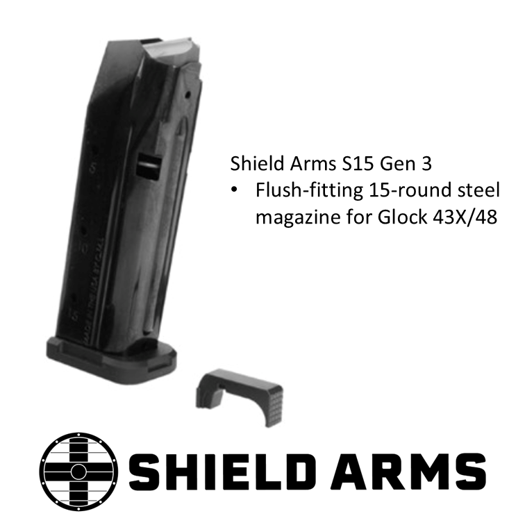 SHIELD ARMS- S15 Gen 3 - 15-Round Steel Magazine + Standard steel mag catch for Glock 43X/48